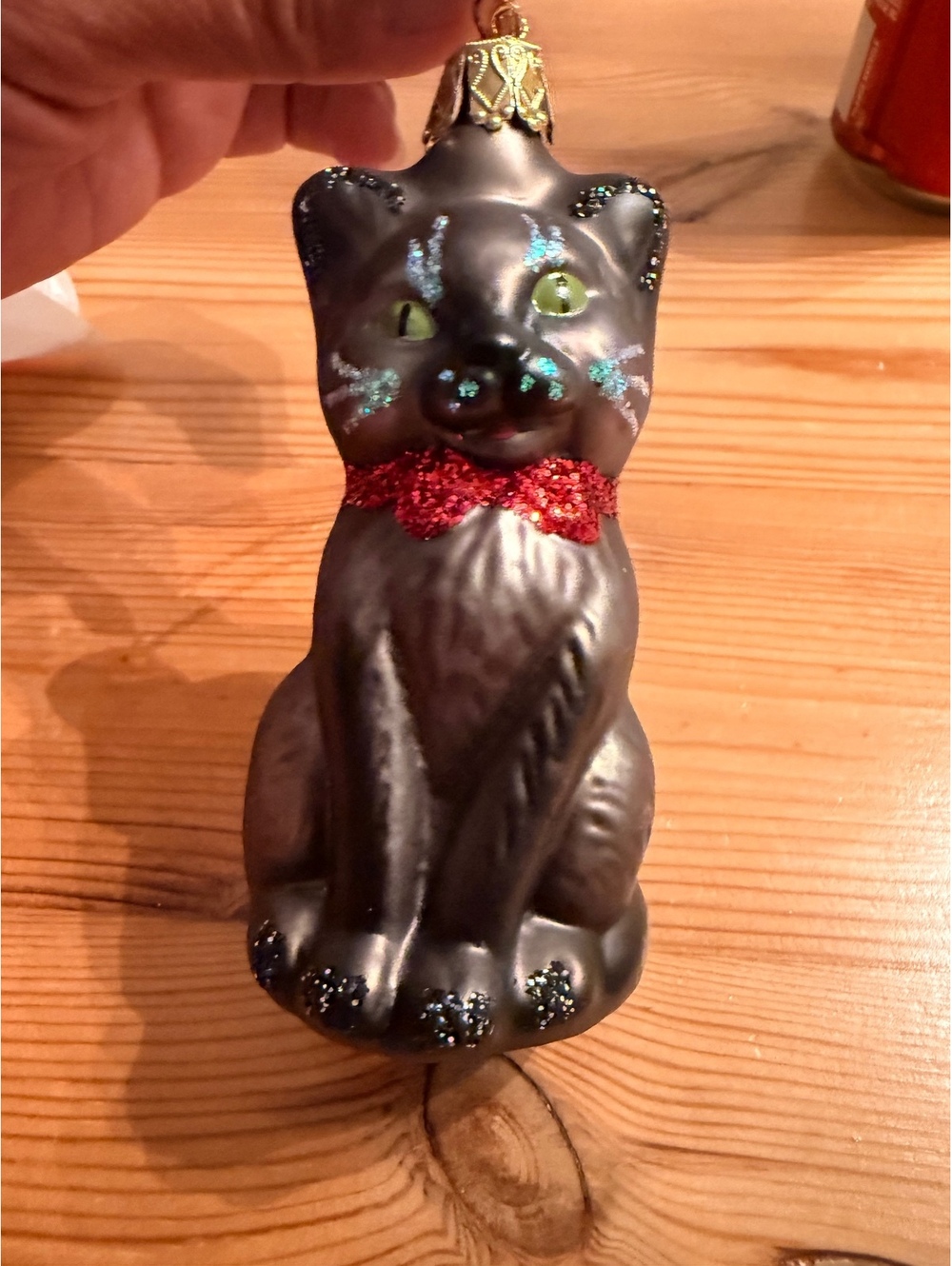Inge's Christmas Heirlooms Black Cat Glass Ornament with Red Bow